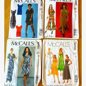4 VTG Sewing Patterns Women's Dresses, Nicole Miller, Laura Ashley McCalls UNCUT